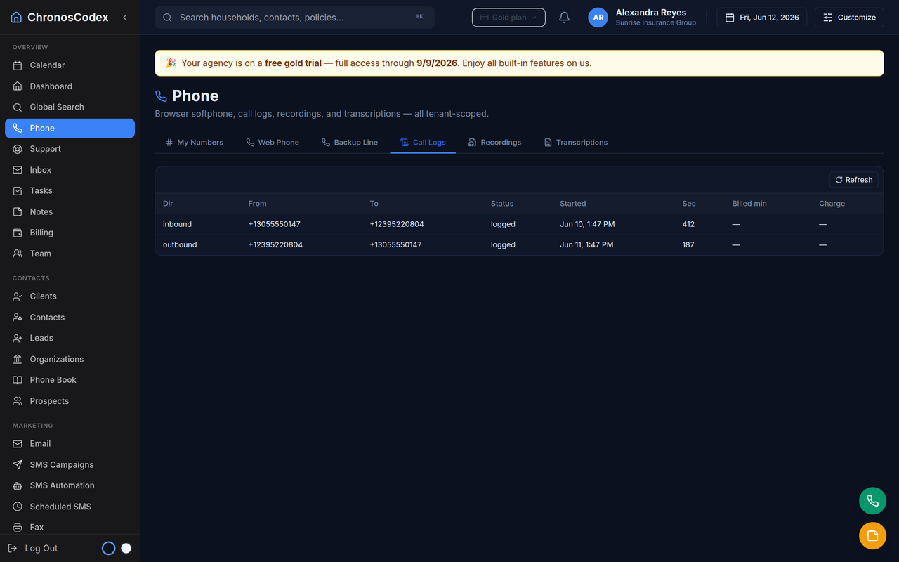 Calls logged with direction, duration, and outcome (shown: ChronosCodex)